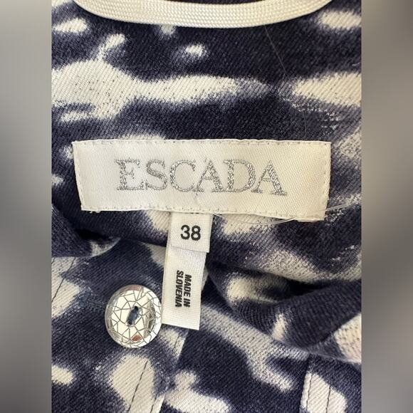 Escada White Blue Print Denim Jacket Silver Crackle Button Size 38 EUC - Picture 3 of 8